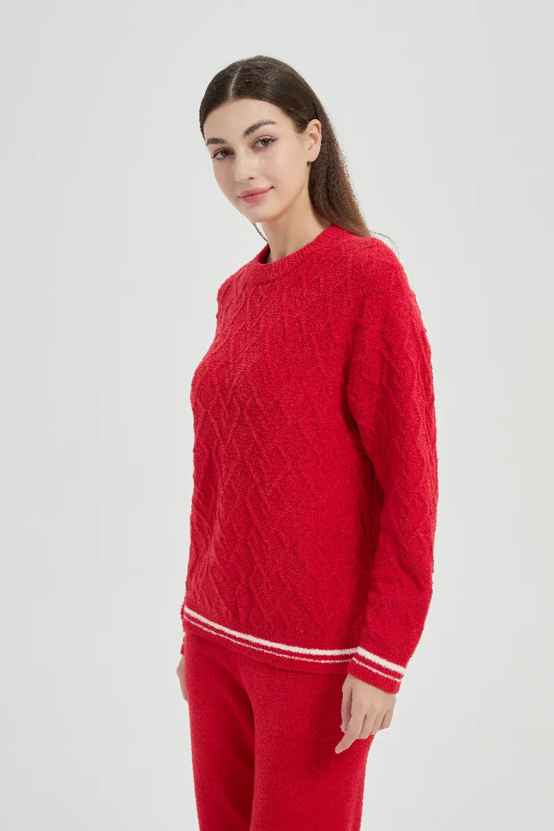 Loose Fit Plush Red Women Fleece Piyama Set