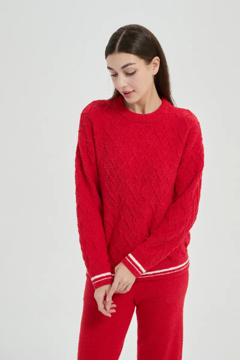 Loose Fit Plush Red Women Fleece Piyama Set