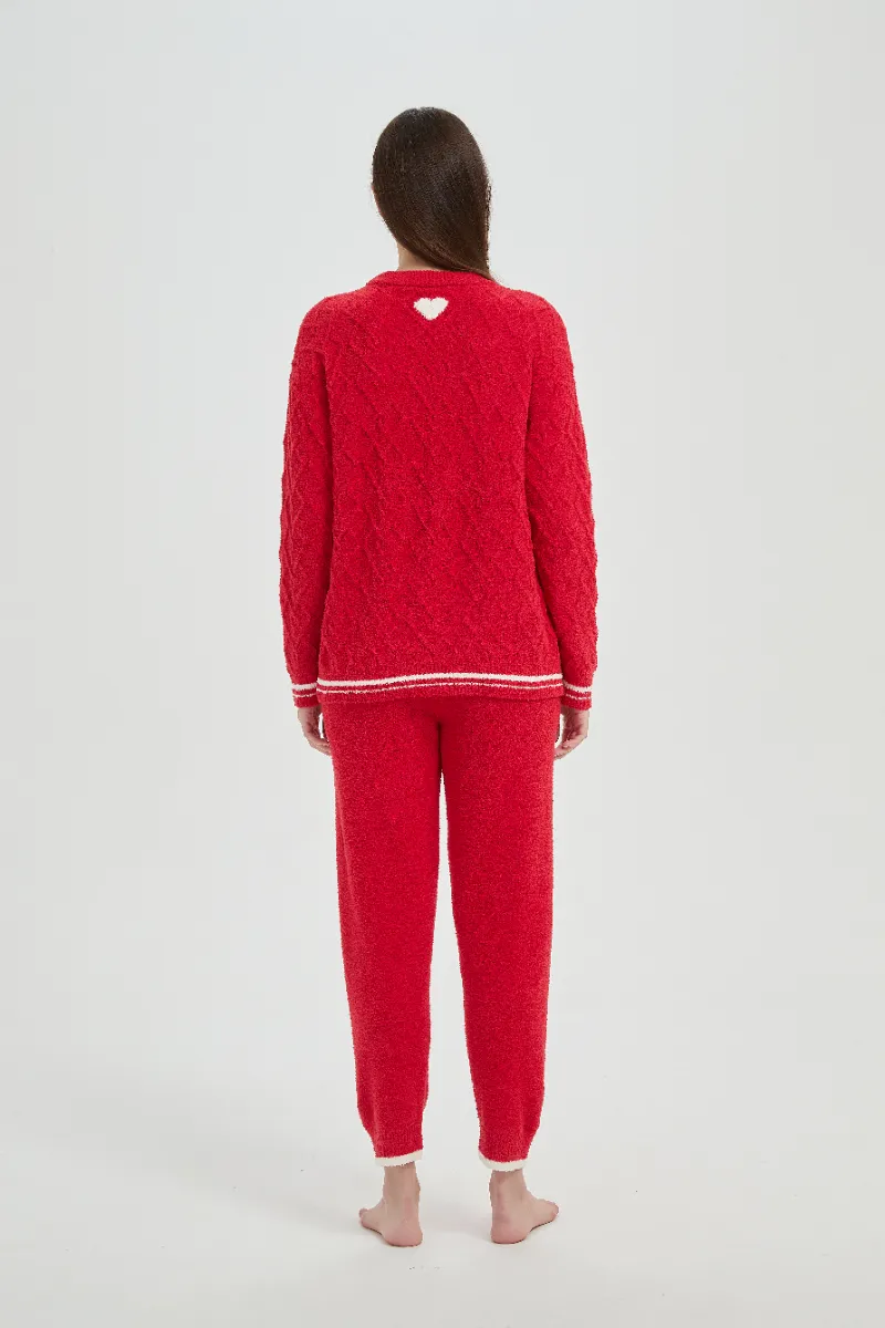 Loose Fit Plush Red Women Fleece Piyama Set