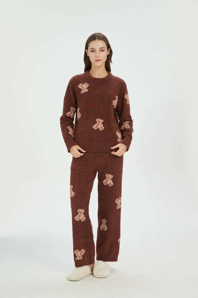 Coklat Soft Fleece Piyama kanggo Wanita