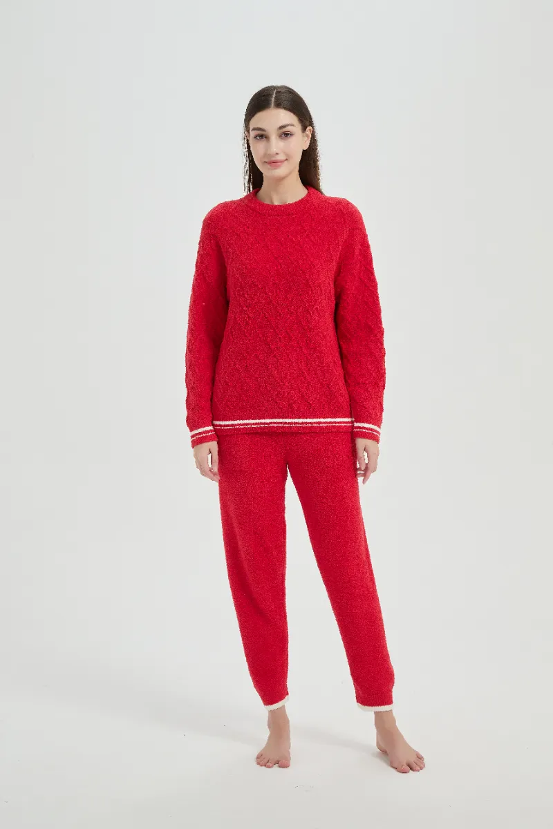 Loose Fit Plush Red Women Fleece Piyama Set