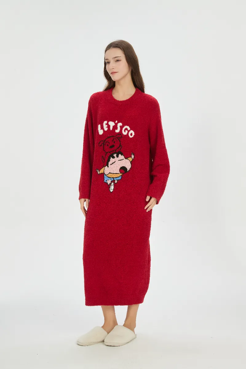 Red Soft Fleece Nightdress kanggo Wanita